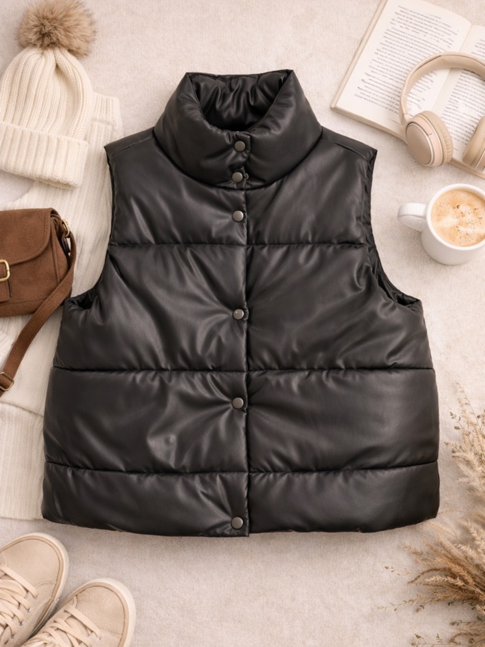 Black Faux Leather Puffer Vest Cropped Snap Front Minimal Chic Layer
